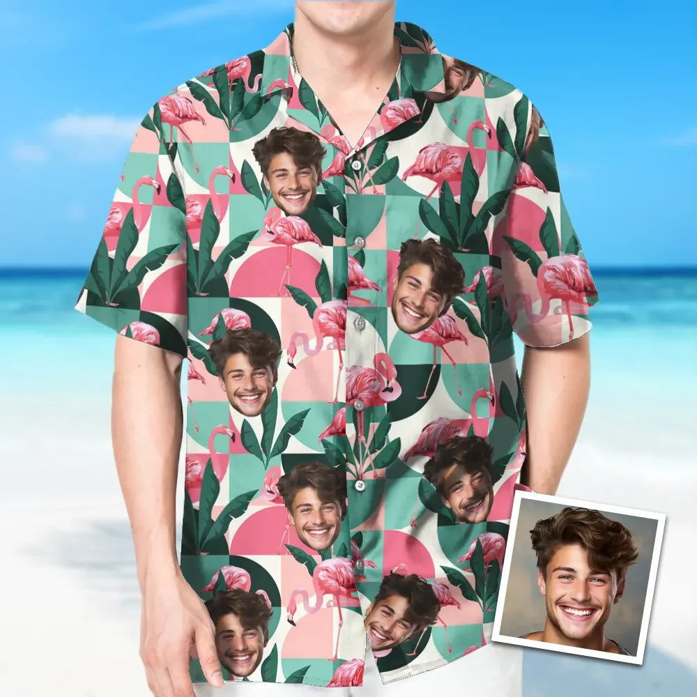 Custom Face Hawaiian Shirt Flamingo All Over Print Hawaiian Beach Shirt Holiday Gift