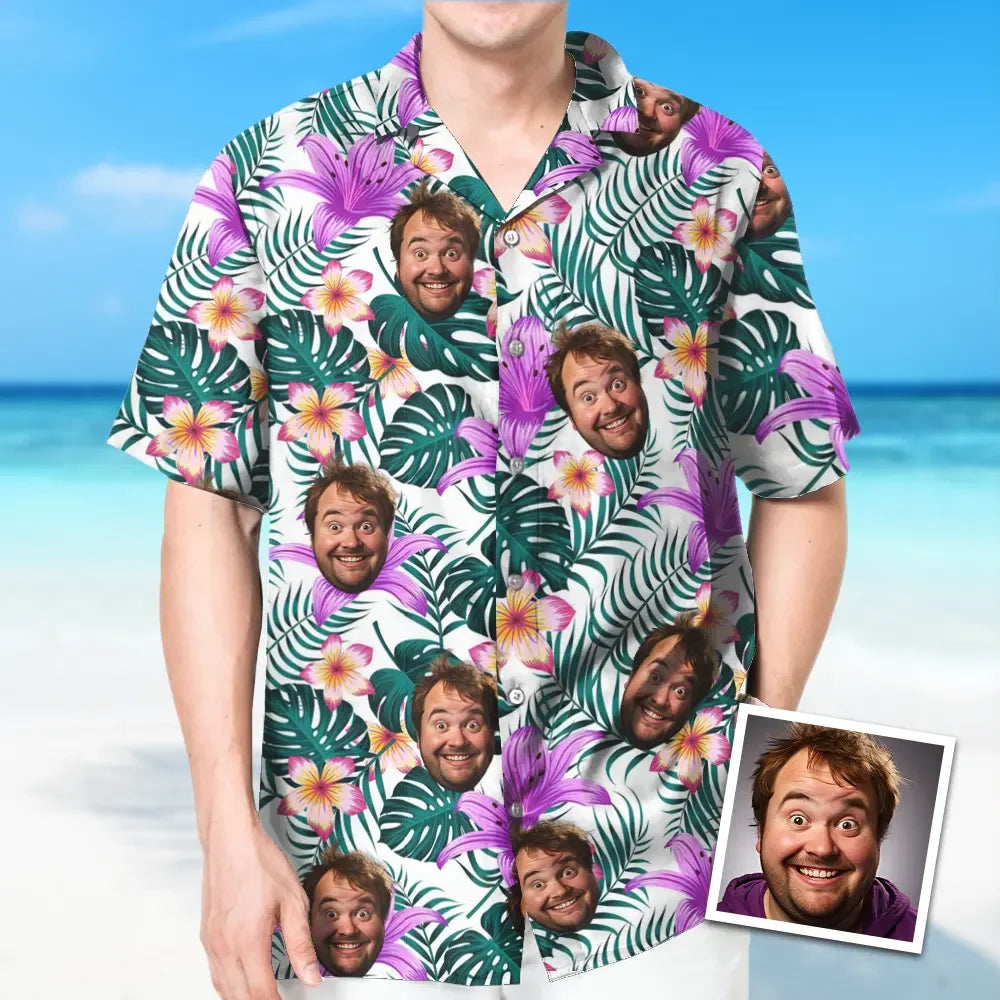 Custom Face Hawaiian Flower And Coconut Leaves All Over Print Hawaiian Beach Shirt Holiday Gift